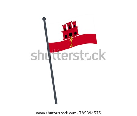 Gibraltar flag. The national flag of Gibraltar on a pole. The waving flag. The sign and symbol of the country. Realistic vector on white.