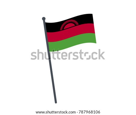 Malawi flag. The national flag of Malawi on a pole. The waving flag. The sign and symbol of the country. Realistic vector on white.