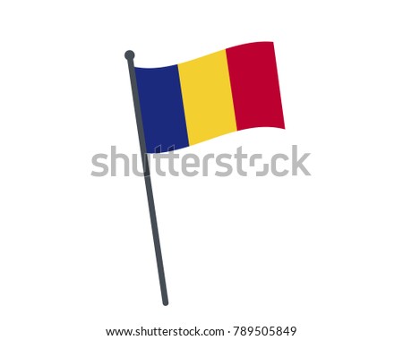 Romania flag. The national flag of Romania on a pole. The waving flag. The sign and symbol of the country. Realistic vector on white.