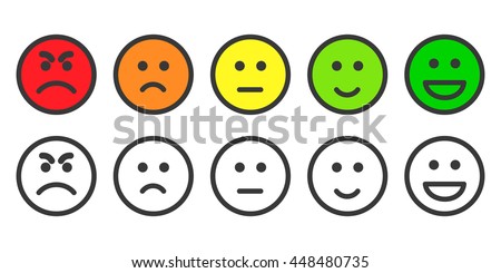 Emoji icons, emoticons for rate of satisfaction level. Five grade smileys for using in surveys. Colored and outline icons. Isolated vector illustration on white background