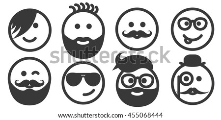 Set of outline hipster emoticons, emoji isolated on white background, persons with stylish haircuts, modern beards and mustaches, men wearing glasses, vector illustration