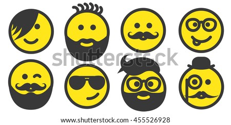Set of hipster yellow smiley faces icons, emoticons, emoji isolated on white background, persons with stylish haircuts, modern beards and mustaches, men wearing glasses, vector illustration