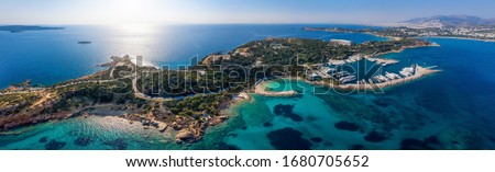 Panoramic aerial view to the Lemos area at Vouliagmenis district, south Athens riviera with beaches, yacht marinas and hotels, Greece Сток-фото © 