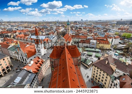 Similar – Image, Stock Photo Munich skyline, view from Monopteros temple in Englischer Garten, Germany. The image shows: Bavarian State Chancellery, Tower of St. Peter Church, Tower of New Town Hall, Frauenkirche, Theatinerkirche