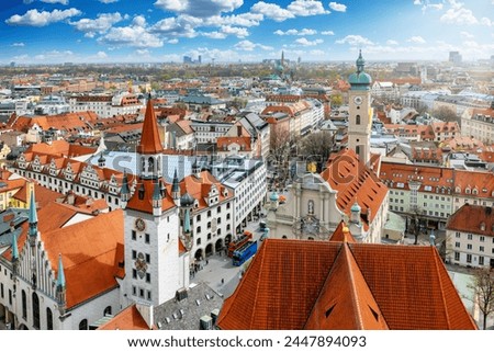 Similar – Image, Stock Photo Munich skyline, view from Monopteros temple in Englischer Garten, Germany. The image shows: Bavarian State Chancellery, Tower of St. Peter Church, Tower of New Town Hall, Frauenkirche, Theatinerkirche