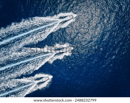 Image, Stock Photo Aerial top down view of boat moored at secluded white sand beach with coconut palm trees and surreal turquoise blue shallow lagoon around. Travel exotic paradise concept