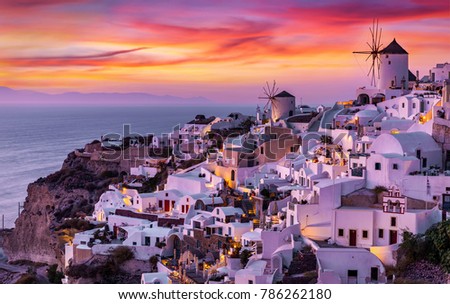 Similar – Image, Stock Photo Oia village at sunset, Santorini island, Greece.