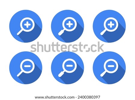 Zoom button icon with long shadow. Loupe, magnifying glass with plus minus symbol vector