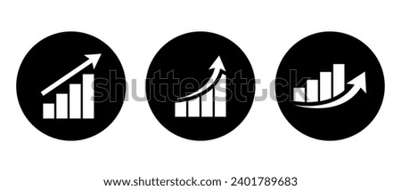 Growing bar graph icon set on black circle. Rising arrow symbol vector