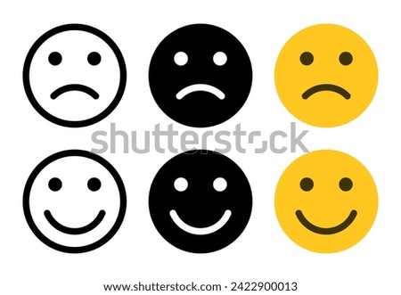 Sad and happy face emoticon icon set in flat style. Disappointment and satisfaction expression sign symbol