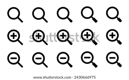 Set of search and zoom icon vector. Magnifying glass with plus and minus