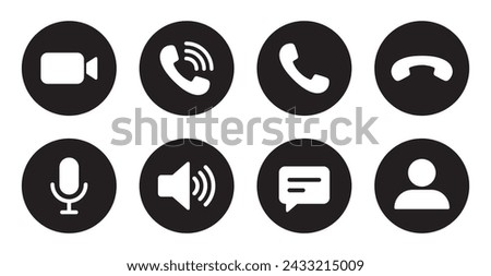Camera, handset, microphone, speaker, message, and profile icon vector. Video call screen template ui