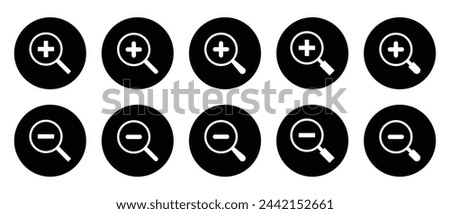 Set of zoom icon vector on black circle. Magnifying glass with plus and minus sign symbol