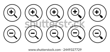 Set of zoom icon vector on circle line. Magnifying glass concept