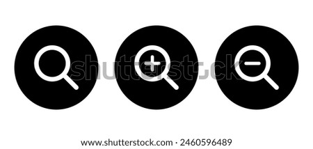 Search and zoom icon on black circle. Magnifying glass with plus and minus