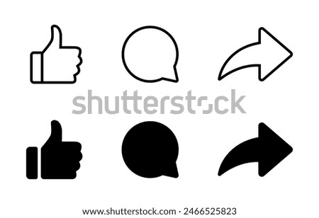 Like, comment, and share icon set. Social media post reaction concept
