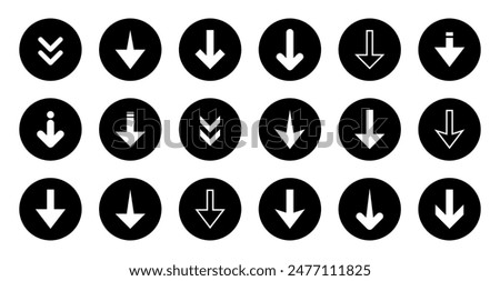Down arrow icon set collection on black circle. Decrease concept