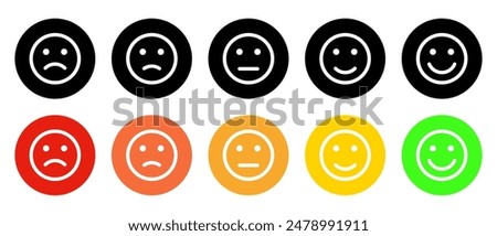 Customer feedback emoji icon on circle background. Five facial level review concept