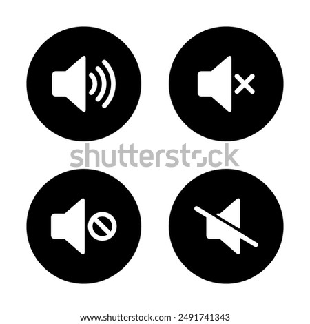 Speaker and volume off icon set on black circle. Sound level and volume off concept