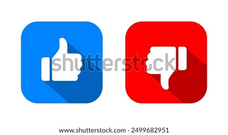 Like and dislike icon on square background. Thumb up and down with long shadow