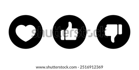 Love, like, and dislike icon on black circle. Heart, hand thumb up and down concept