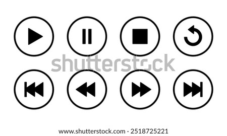 Play, pause, stop, repeat, previous and next button icon on circle line