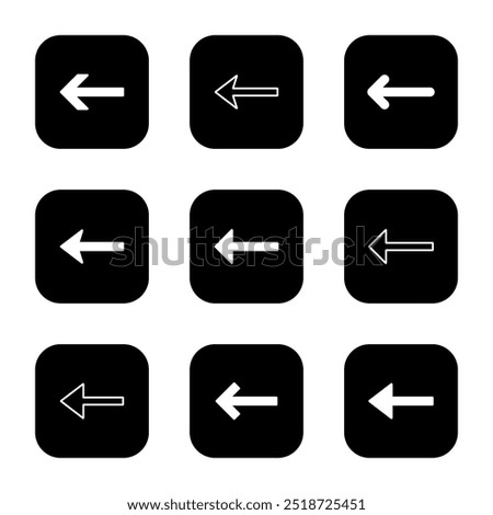 Arrow icon set on black square. Left arrow concept