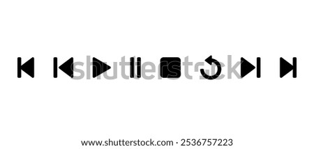 Previous, play, pause, stop, repeat, and next track icon. Media player control button concept