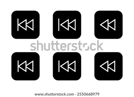 Rewind line icon on black square. Back track outline sign symbol