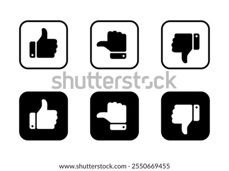 Like, neutral, and dislike thumb icon on black square. Feedback sign symbol