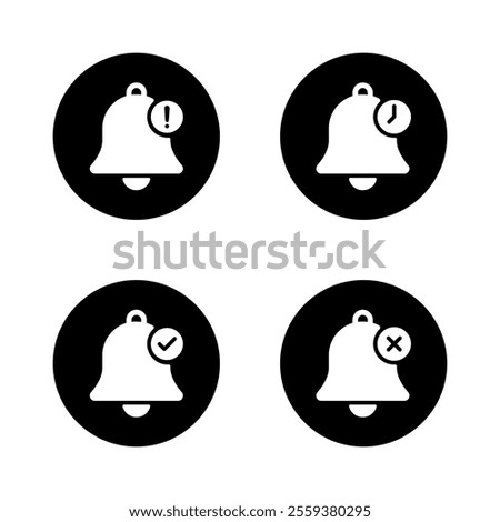 Bell with exclamation mark, time, checkmark, and cross icon on black circle