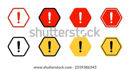 Warning sign, caution icon set collection in hexagon shape. Attention, danger alert symbol