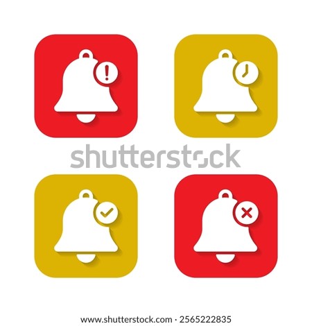 Bell with exclamation mark, time, checkmark, and cross mark icon with long shadow. Notification symbol on square background