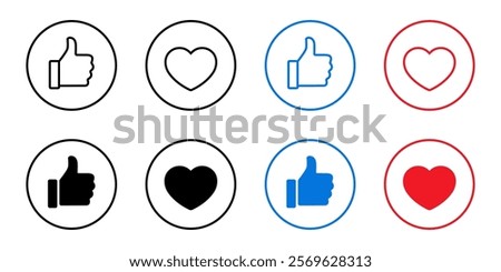 Like and love icon on circle outline. Thumb up and heart sign symbol