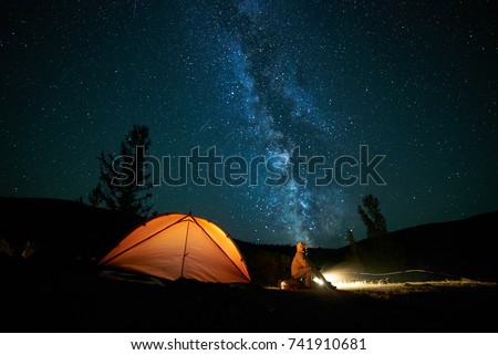 Similar – Image, Stock Photo illuminated yellow tent at dusk with milky way in the sky