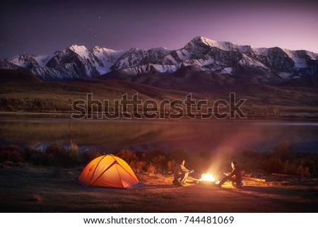 Similar – Image, Stock Photo illuminated yellow tent at dusk with milky way in the sky