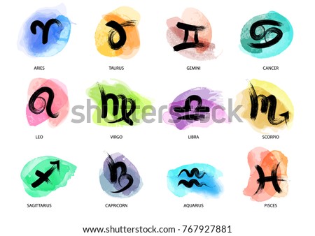 Set of hand drawn watercolor brush zodiac signs. Vector illustration created with custom brushes, not auto-tracing