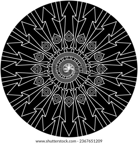 Mandala of converging, rotating and spiral arrows in white line on black background.