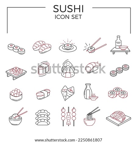 Sushi icon set of Japanese food line icon. Included the icons as sushi, sashimi, maki, sushi roll and more. Two-colored.