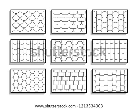 Set of seamless roof tiles textures. Black and white graphic patterns of architectural materials