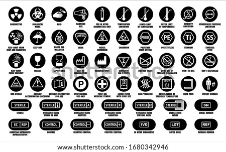 Full set of medical device packaging symbols with warning information. Medicine package black round icons isolated on white. International standards ISO, ANSI, AAMI, FDA with description