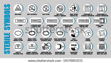 Full vector set of sterilized and disinfectant symbols for medical device package, using ISO, FDA icons. Packaging pictograms of cleaning medicine equipment