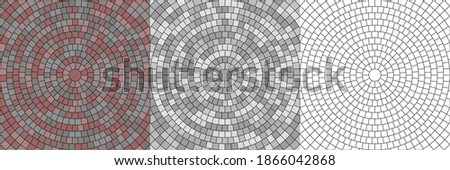 Vector set of seamless round pavement textures with street tiles. Circle repeating patterns of radial cobble stone material background