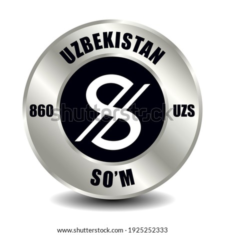 Uzbekistan money icon isolated on round silver coin. Vector sign of currency symbol with international ISO code and abbreviation