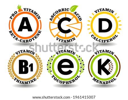 Creative concept vector set of A, B, C, D, E, K vitamin complex signs with flat graphic sun symbol, cartoon fruit icons, natural healthy food stamps, colorful organic oil pills, chemical names Stock fotó © 