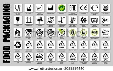 Full set of food packaging icons, product guide symbols. International meal pictograms for food package labels of contain ingredients, keep limits, delivery info, recycling signs