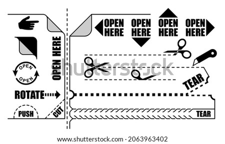 Vector set of Open here label, Tear stripe, Push sign, Cut line, Rotate arrow, Corner sticker with simple illustrations of scissors, knife, zip, pointing finger hand symbols for product package Photo stock © 