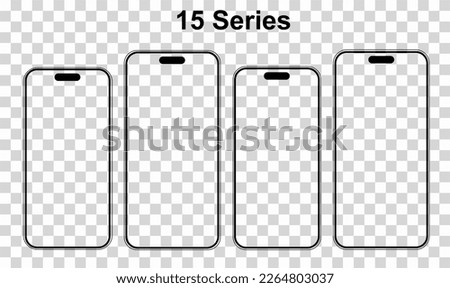 Mockup iPhone 15 series smartphone design variation vector illustration. Blank screen set, frame and dynamic island. Mobile phone on transparent background.