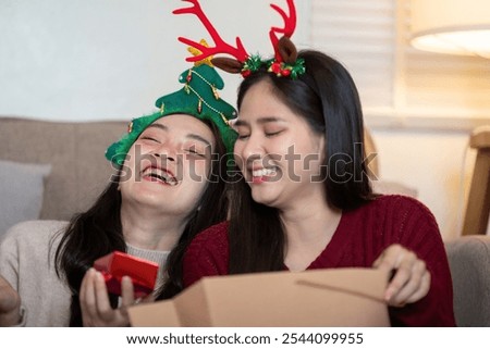 Similar – Image, Stock Photo Lesbian couple laughing together