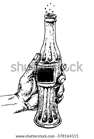 Hand holding bottle is a carbonated soft drink. Hand drawn illustration 